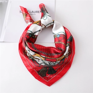 Classic red silk square scarf with gold chain and horse carriage pattern for women