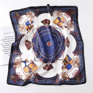 Classic chain and horse carriage printed square silk scarf with navy blue border