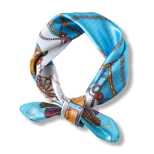 Classic palace style chain print silk square scarf in sky blue and orange gold tones