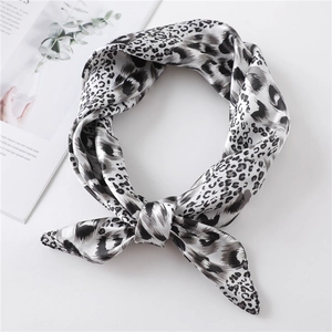 Leopard print satin square scarf for women in gray and white with silky smooth texture