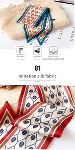 Detail of double-sided faux silk scarf with ladybug geometric pattern on beige shirt