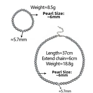 Détails de l'ensemble de bijoux en perles grises 6mm avec pierre de cristal et extension