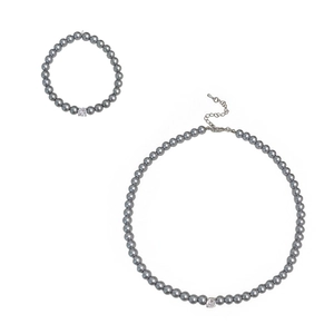 Parure collier et bracelet en perles grises avec pendentifs en zircon et fermoir argenté