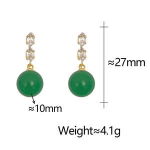 Detail view of drop earrings showing 27mm length, 10mm green bead and 4.1g weight