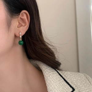 Elegant gold earrings with micro-set zircon and natural green chalcedony stone drop