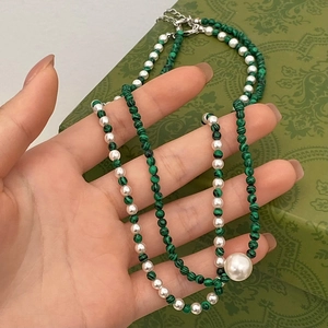 Collier Élégant Malachite Et Künstliche Perles Collier Ras De Cou Femmes Mode Avec Grand Pendentif Künstliche Perle Bijoux