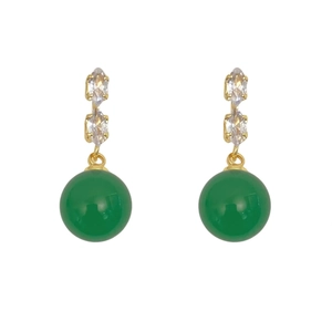 Elegant gold drop earrings featuring green chalcedony beads and sparkling zircon accents