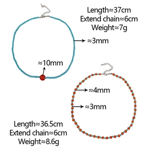 Detail of beaded turquoise and orange necklaces with adjustable silver clasps and dimensions