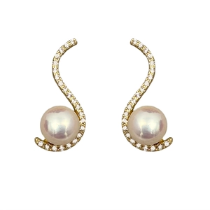 Elegant gold S-curve earrings with cubic zirconia and round lustrous white pearls