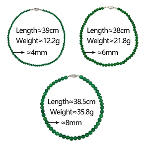 Detailed comparison of green chalcedony beaded necklaces in 4mm, 6mm, and 8mm bead sizes
