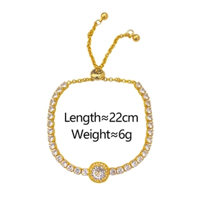 Detail of adjustable gold tennis bracelet with cubic zirconia and slide clasp, 22cm long
