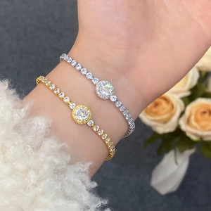 Elegant Round Halo Zircon Tennis Bracelet For Women Adjustable Bolo Clasp Gold Silver Plated Minimalist Luxury Jewelry