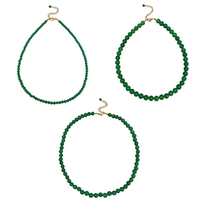 Three-piece green chalcedony bead necklace set with elegant gold lobster clasps and chains