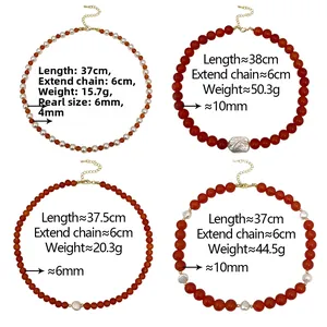 Detailed view of red agate and pearl necklaces with size and weight specifications