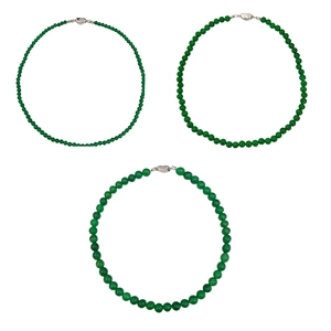 Set of three green chalcedony beaded necklaces with silver clasps in various bead sizes