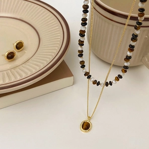 Parure bijoux œil de tigre vintage avec collier multicouche et boucles d'oreilles