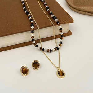 Bijoux En Pierre Oeil De Tigre Vintage Pour Femmes Cuivre Plaqué Or Collier De Perles Superposé Pendentif Et Boucles D'oreilles Ovales
