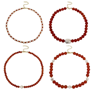 Handmade red agate and pearl beaded necklace set with gold adjustable lobster clasp