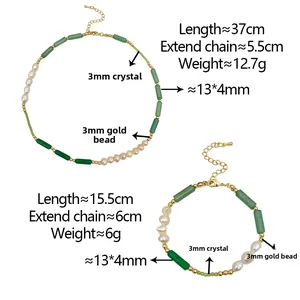 Detail of green stone beads and freshwater pearls necklace and bracelet with gold spacers