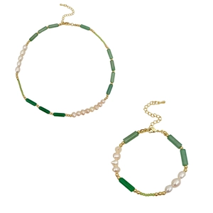 Elegant natural green stone and freshwater pearl bracelet necklace jewelry set