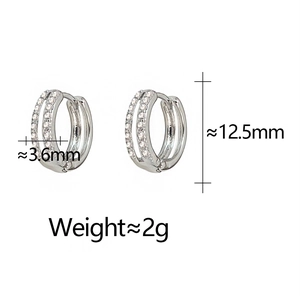 Detailed size view of silver micro-paved zircon hoop earrings 12.5mm width 3.6mm