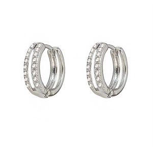Minimalist silver double-row micro-set zircon huggie earrings with refined pave setting