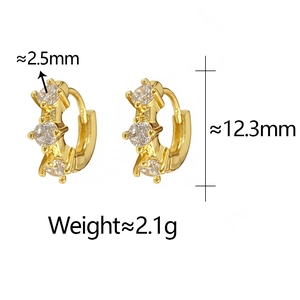 Detailed view of 12.3mm gold huggie earrings with three 2.5mm round zircon stones