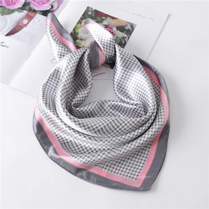 Houndstooth square silk scarf with pink stripes and satin finish on white background
