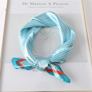 Classic blue and white houndstooth silk scarf with elegant colorful contrast borders