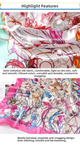 Detail of silk-like floral scarf with fine machine stitching and smooth satin texture
