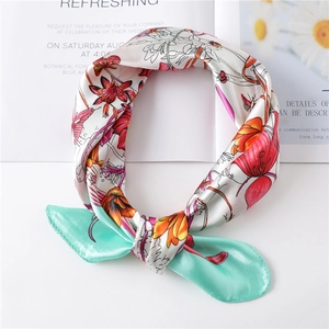 Floral butterfly print silk twilly scarf for women with elegant mint green borders