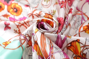 Detail of silk square scarf showing floral print and high-gloss smooth texture