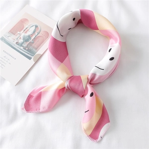 Pink satin square neck scarf with geometric color block and minimalist smiley faces