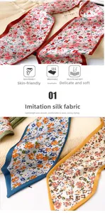 Gros plan de trois foulards en imitation soie fleurie montrant texture et détails fins