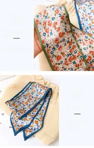 Détail macro de foulards étroits soyeux à fleurs avec couture fine et texture lisse