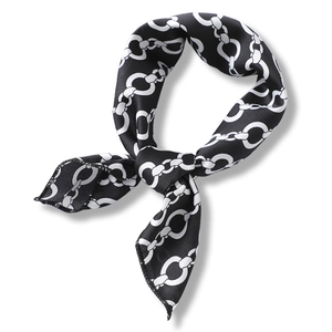 Satin silk scarf with black and white chain print pattern for neck or bag handle decoration