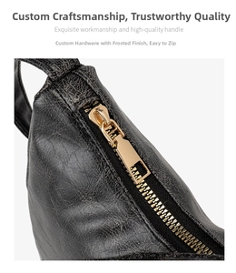 Détail du sac en cuir PU noir texturé avec fermeture éclair en métal doré de style vintage