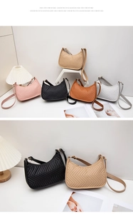 Detail view of V-quilted faux leather shoulder bags in beige, pink, black, and tan finishes