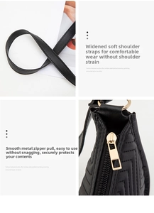 Detail view of black faux leather bag featuring wide strap and golden zipper hardware