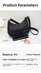 Detailed size comparison of black quilted PU leather shoulder bag with dimensions and weight