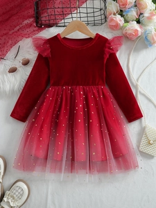 Girls Red Velvet Mesh Princess Dress Gold Star Moon Long Sleeve Party Christmas Gown Autumn Spring Kids Holiday Clothing