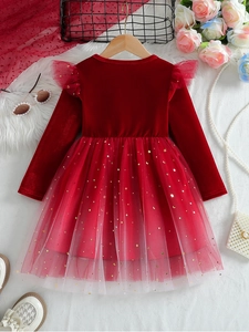 Girls red velvet long sleeve princess dress with gold star tulle skirt for Christmas party