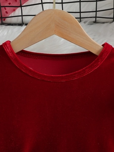 Elegant deep red velvet long sleeve princess dress for girls with classic round neckline
