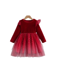 Red long-sleeve girls' princess dress with velvet top and gold star moon sequins