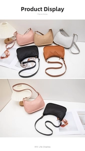 Detail view of five colors of quilted PU leather shoulder bags in a minimalist layout