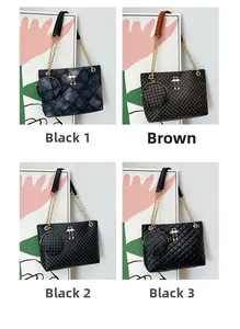 Detail view of four textured tote bags with metal chains and matching round coin purses