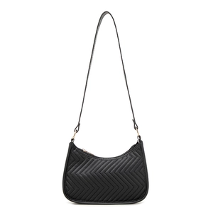 Minimalist black quilted faux leather shoulder bag with gold zipper and V-pattern