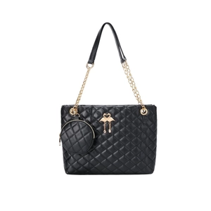 Quilted black cylinder crossbody bag with gold chain strap and heart flamingo logo