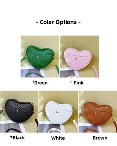 Detailed color display of heart-shaped crossbody bags with chevron quilting and metal snaps