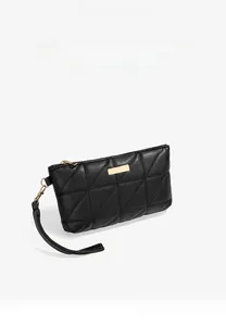 Macro detail of black quilted phone clutch bag with gold zipper and stylish metal plate